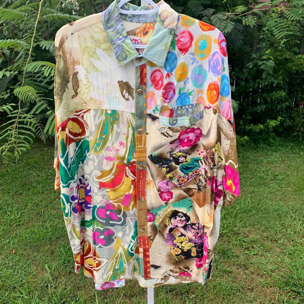 Jams World XL Vtg Oversize Patchwork Art Collage Rayon Shirt Hawaii USA Rare